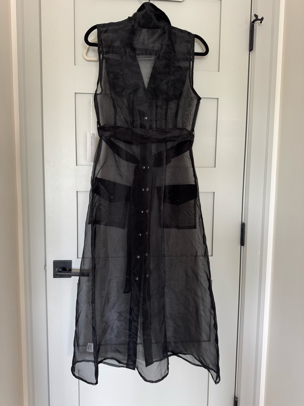 Sheer Black Midi Dress with Button-Front and Self Tie
Waist 30”
Length 48”